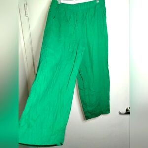 Tahari (Sz L) Green European Grown Flax Linen Slip Pockets Wide-Leg Pullon Pants